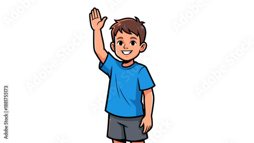 Happy Young Boy Waving Hand Greeting Friendly Gesture.
