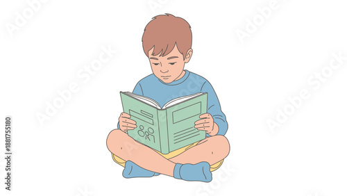 Young Boy Engaged in Reading a Book with Focused Attention.