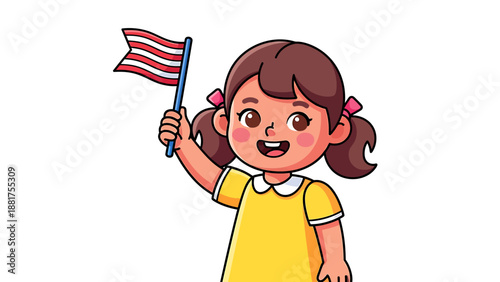 Happy Little Girl Waving American Flag Celebrating Independence Day Joyfully.