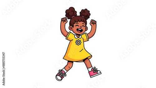 Joyful young girl with dark skin and hair buns jumping excitedly.
