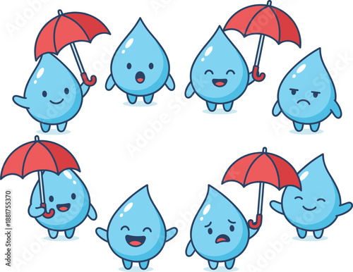 Cute cartoon water drop characters with umbrellas showing different emotions isolated on white background for weather rain concept kids illustration