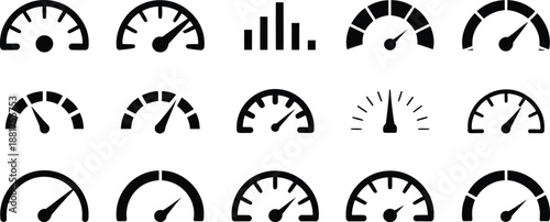 Set of various speedometers and gauges, representing speed, performance, and measurement icons