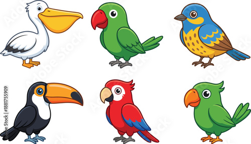 Set of cute cartoon tropical birds illustrations including pelican parrot toucan macaw and songbird isolated on white background for children education and design
