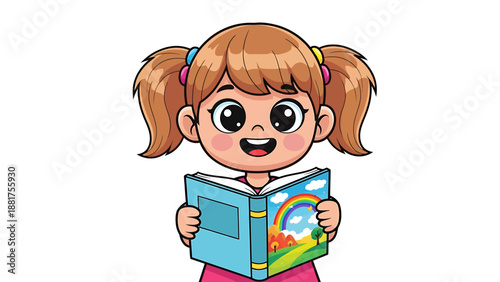 Cute little girl happily reading an interesting book.