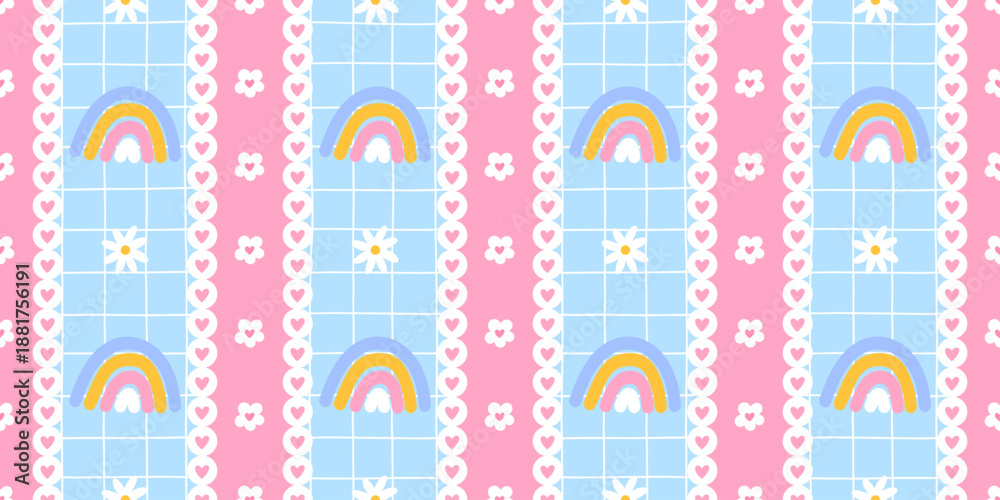 Fototapeta premium Seamless rainbow pattern with heart on pastel blue gingham for kids fabric, nursery decor, wrapping paper, wallpaper and gift packaging