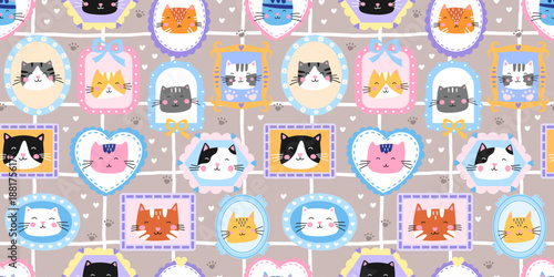 Seamless cute cat pattern with kawaii kitten faces, hearts, and soft gingham. Designed for nursery fabrics, baby wallpaper, and sweet gift wrapping