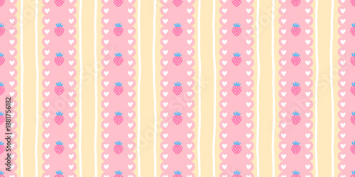 Cute strawberry seamless background with pink and yellow plaid and heart accents. Ideal for wallpaper, tablecloth prints, and kawaii summer designs