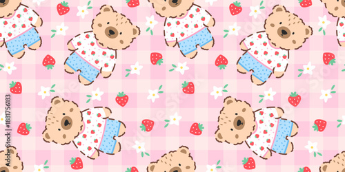 Cute teddy bear repeat pattern with flowers, strawberry, and a cozy gingham background. Suitable for kids clothing, baby accessories, and charming packaging designs