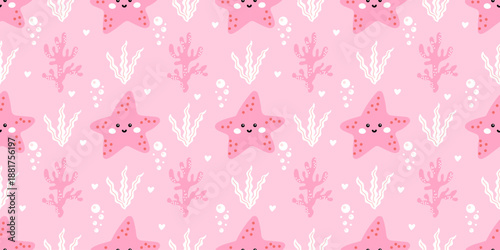Marine seamless pattern with star shapes, coral, and playful underwater animals. Ideal for kids textiles, greeting paper, and tropical surface designs