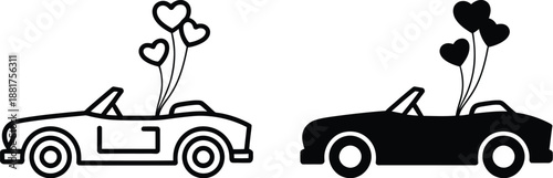 Stylish convertible car in iconic black and white outline, with a joyful cluster of heart balloons, representing love, celebration, and happy moments on a romantic journey