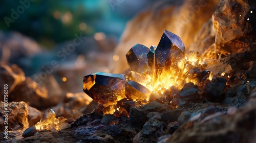 rare earth minerals and glowing crystals embedded in rock representing futuristic clean energy and sustainability