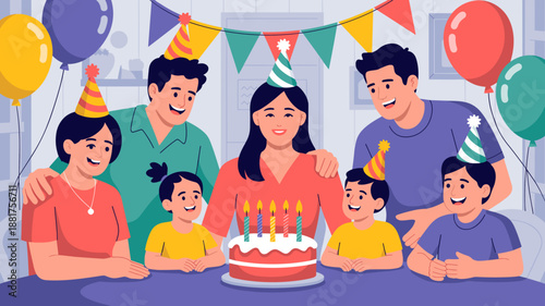 happy family celebrating a birthday party at home vector illustration