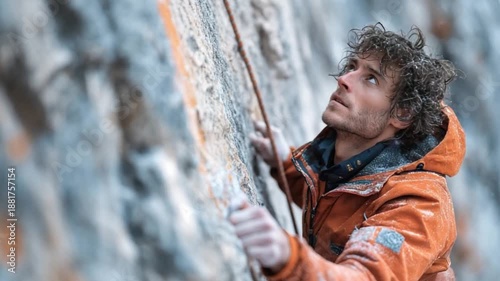 Young male rock climber concentrated while climbing short wall, orange jacket tied at waist, chalk bag and gear,