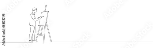 Continuous line drawing of an artist painting on an easel, symbolizing creativity, art, and artistic expression