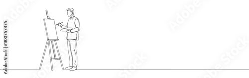 Continuous line drawing of an artist painting on an easel, symbolizing creativity, art, and artistic expression