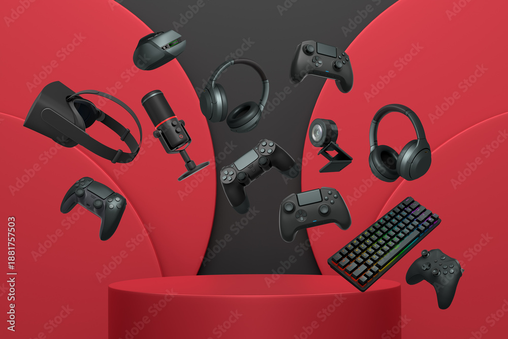 Naklejka premium Multiple gaming devices and accessories floating above podium against abstract background, concept of modern gaming tech