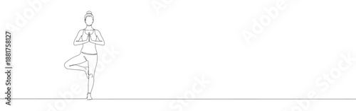 One continuous line drawing of a woman doing yoga in a tree pose, hands in prayer. Minimalist style