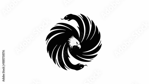 Symbol of a powerful eagle facing off against two intertwined snakes in a dynamic circular design.