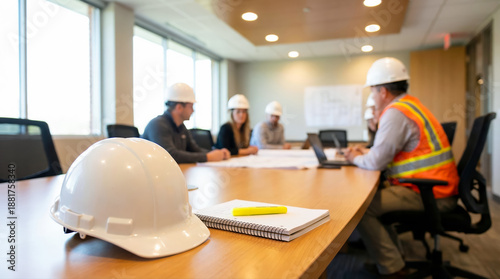 Group of construction workers collaborating in a meeting room with safety helmets discussing project plans and strategies while seated around a conference table in a modern office environment