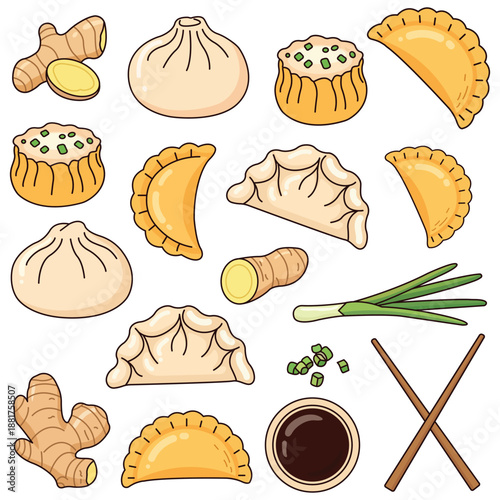 Asian Dumplings and Ingredients Set Hand Drawn Vector Illustration
