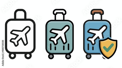 Colored suitcases with airplane symbols and shield airplanes checkmark