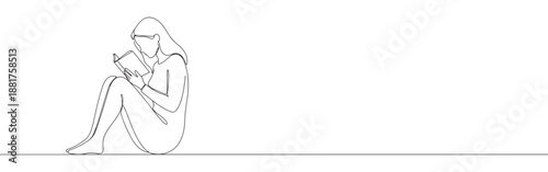 Continuous line drawing of a person reading a book, symbolizing education, knowledge, and quiet contemplation