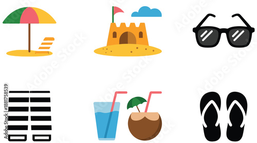 Colorful beach including umbrella chair sandcastle sunglasses flipflops drinks