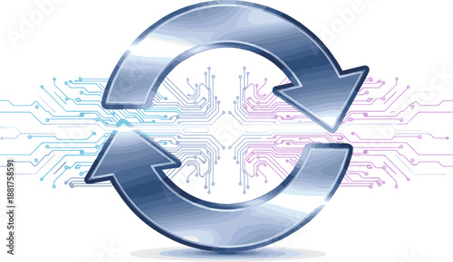 Isolated a realistic Two arrows icon on abstract technology background - update symbol. 3d symbol update, refresh icon - 3d rendering vector art with white background.