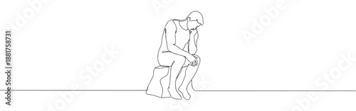Continuous line drawing of a pensive man, symbolizing deep thought, contemplation, and intellectual activity on a clean background