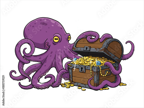 Billede på lærred Purple Octopus with Treasure Chest Full of Gold Coins