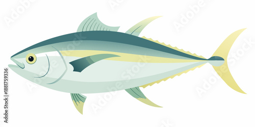 A detailed illustration of a bluefin tuna fish with yellow fin accents