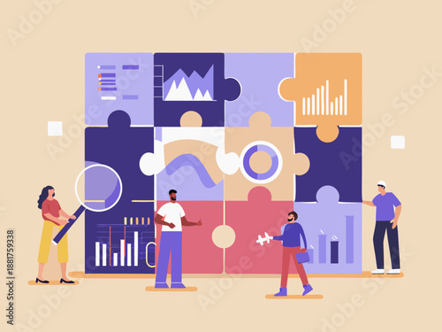 Team collaboration analyzing data with puzzle pieces and insightful visualizations