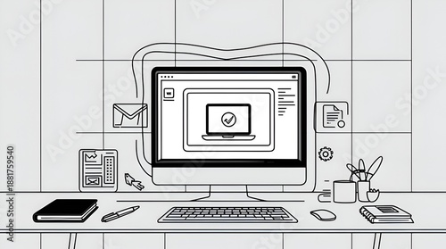 Continuous Line Illustration of a Laptop Screen