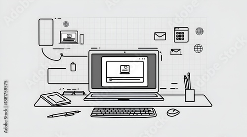 Continuous Line Illustration of a Laptop Screen