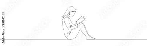 Continuous line drawing of a person reading a book, symbolizing education, knowledge, and quiet contemplation