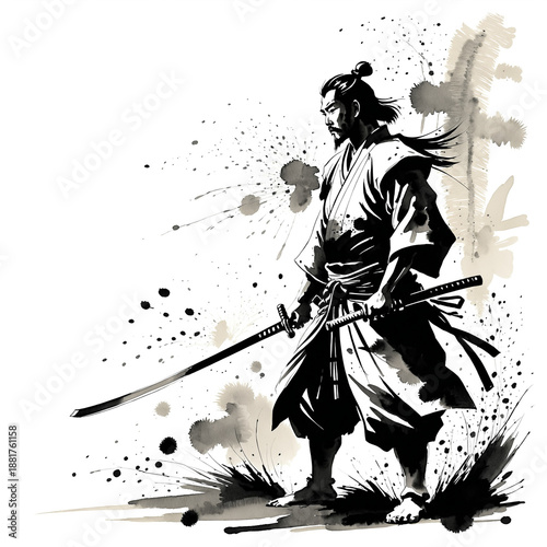 Traditional Japanese sumi-e style illustration of a brave samurai warrior with katana, ink wash painting on white background.