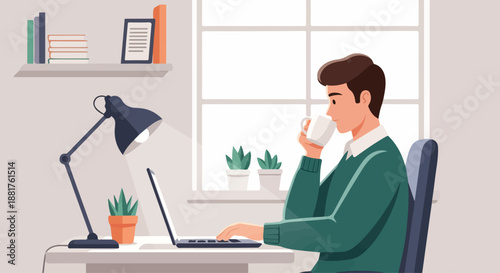 Man working remotely on laptop, enjoying coffee in a cozy home office setting.