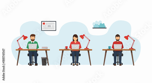 People working on laptops at individual desks, modern office or remote work s...