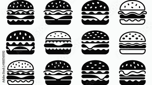 Black and white hamburger with various toppings and buns food restaurant