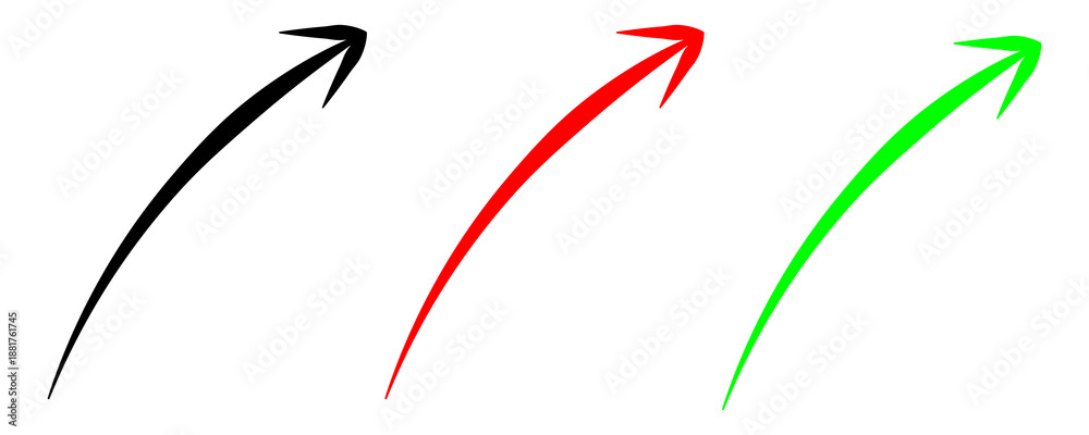 Fototapeta premium Collection of three dynamic hand-drawn upward curving arrows in black, red, and green colors