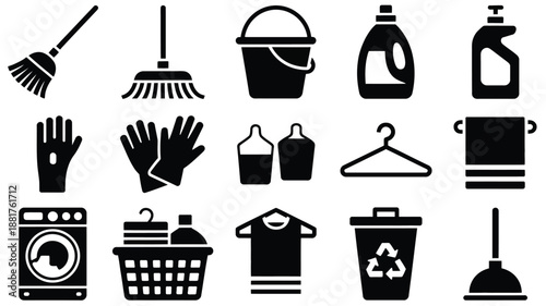 Black and white of cleaning supplies and laundry broom bucket