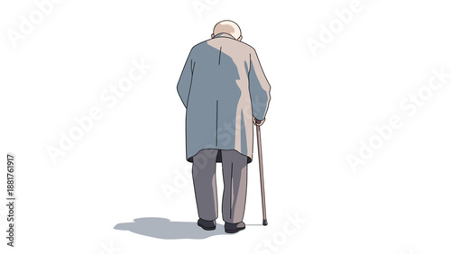 An elderly man walks alone with a cane in a vector illustration