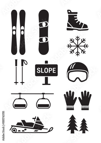 Collection of black winter sport including skis snowboard boots ski poles chairlift snowmobile snowflake goggles gloves