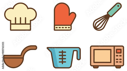 Kitchen chef hat oven mitt whisk ladle measuring cup microwave