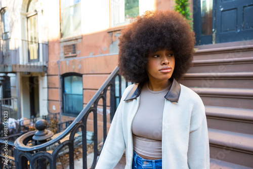 Young black woman with afro hair in new york city