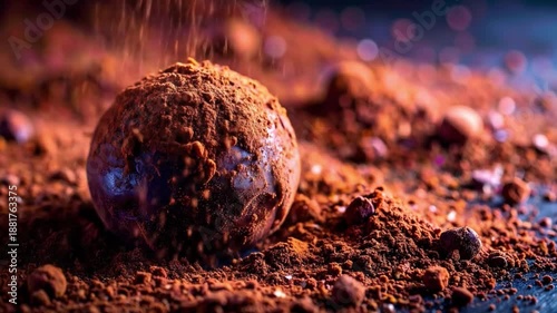Close up of chocolate truffle sprinkled with cocoa powder in studio
