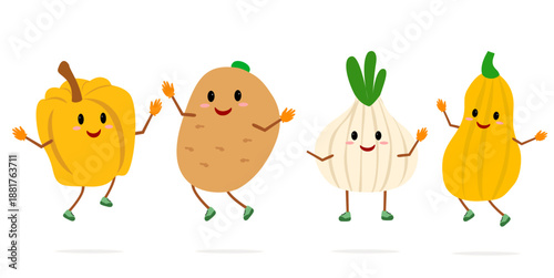 Various cute character mascots vegetables include peppers, potatoes, onions, and pumpkins. Vector character mascots of peppers, potatoes, onions, and pumpkins with facial expressions and gestures.