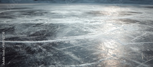 Low-angle view of an ice surface, scratched, reflecting light. Background slightly blurred