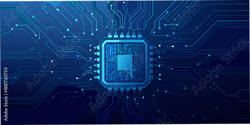 Abstract digital circuit board with central microchip illustration
