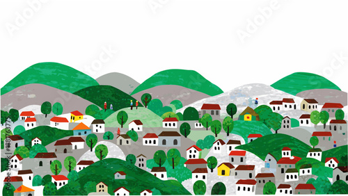 A quaint village nestled among rolling green hills and gray mountains